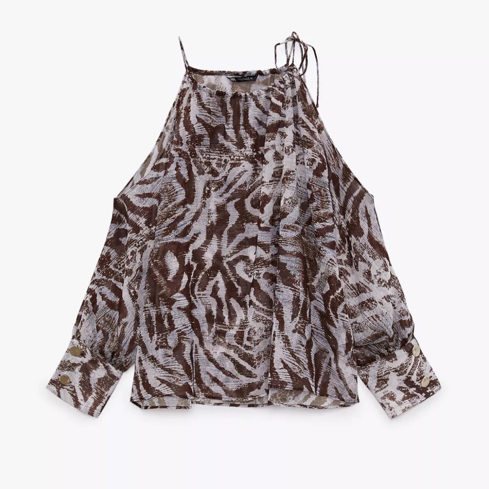 NWT Zara Cold Shoulder Sheer Printed Top - Brown Zebra Multicolored Ref 3600/238